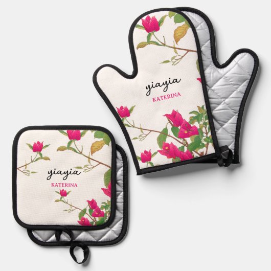 Griekse Yiayia Griekse grootmoeder Bougainvillea Ovenwant & Pannenlap Set (Voorkant / Achterkant)