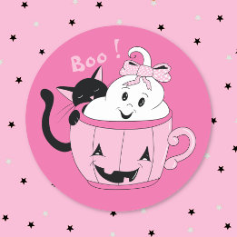 Griezelig Cute Geest Zwarte Kat Roze Halloween Sti Ronde Sticker