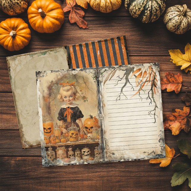  griezelig meisje Halloween Junk Journal Page (Vintage Halloween Junk Journal Page featuring a creepy girl and skulls)