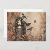 Griezelig meisje met zwarte vogels en bloemen Hall Feestdagenkaart (Voorkant / Achterkant)