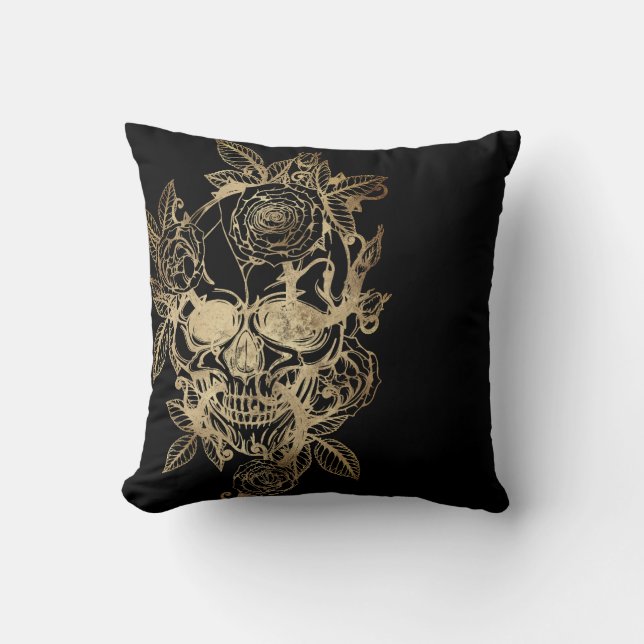 griezelig mooi | Gouden Grunge Schedel met Roos Kussen (Voorkant)