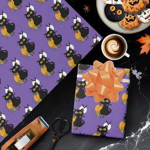 Griezelig Paarse Schattige Zwarte Kat Halloween Po Cadeaupapier