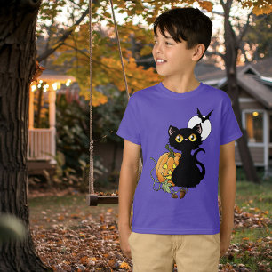 Griezelig Paarse Schattige Zwarte Kat Halloween Po T-shirt