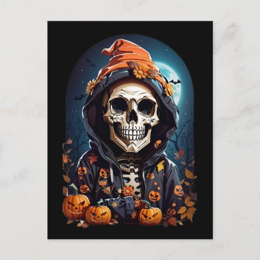 Griezelig Skelet & Herfst Pompoenen Halloween Briefkaart (Voorkant)