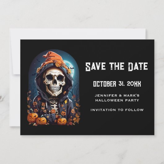 Griezelig Skelet & Herfst Pompoenen Halloween Save The Date (Voorkant)