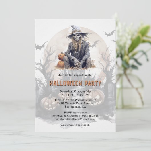 Griezelig Skelet Pompoenen Volle Maan Halloween Fe Kaart (Staand voorkant)