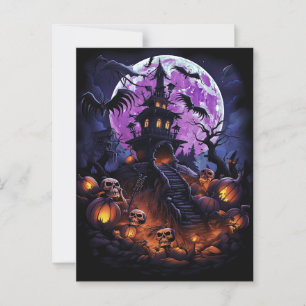 Griezelig spookhuis paarse Halloween-feest Briefkaart