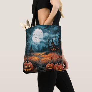 griezelig spookhuis vol maan enge halloween draagtas