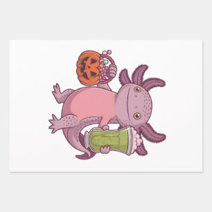 Griezelige Axolotl met Matcha en Snoepjes Hallowee Inpakpapier Vel