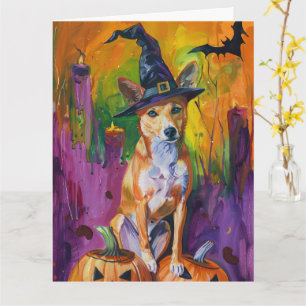 Griezelige Basenji Halloween Heks en Pompoen Kaart