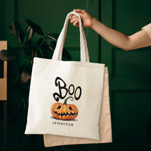 Griezelige Boo Oranje Halloween Pompoen Naam Tote Bag