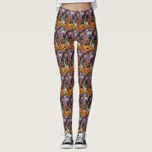 Griezelige Boston Terrier Halloween Heks en Pompoe Leggings