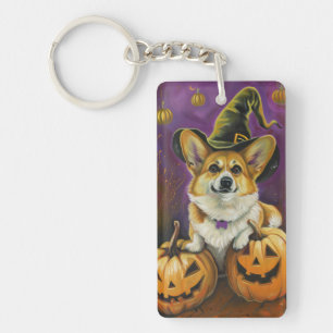 Griezelige Corgi Hond Halloween Heks Pompoen Sleutelhanger