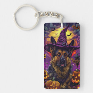 Griezelige Duitse Herdershond Halloween Heks Pompo Sleutelhanger