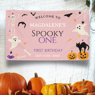 Griezelige Eén 1e verjaardag Halloween Roze Welkom Spandoek