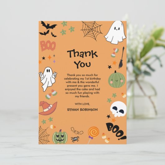 Griezelige Eén Schattige Geest Halloween 1e Verjaa Bedankkaart (Staand voorkant)