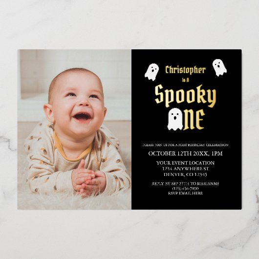 Griezelige Eerste Verjaardag Folie Uitnodiging (Voorkant)