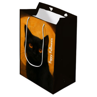 Griezelige Elegantie Halloween Zwarte Kat Oogstmaa Medium Cadeauzakje