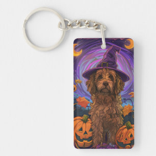 Griezelige Goldendoodle-hond Halloween Heks Pompoe Sleutelhanger