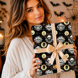 Griezelige gotische zwarte kat schedel damast Hall Cadeaupapier