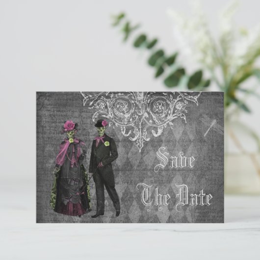 Griezelige Halloween Bruid & Bruidegom Save the Da Save The Date (Staand voorkant)