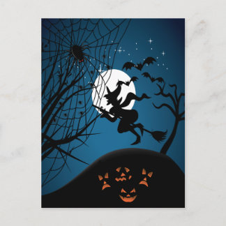 griezelige Halloween-nacht heks en spinnen vector Briefkaart