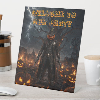 Griezelige Halloween Pompoen Sheriff Cowboy Blikse Reclamebord Met Voetstuk