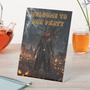 Griezelige Halloween Pompoen Sheriff Cowboy Blikse Reclamebord Met Voetstuk