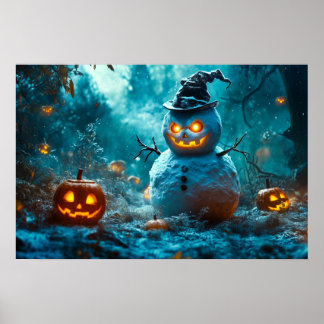 Griezelige Halloween-sneeuwman in pompoenenbos Poster