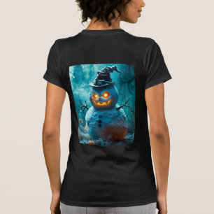 Griezelige Halloween-sneeuwman met gloeiende ogen T-shirt