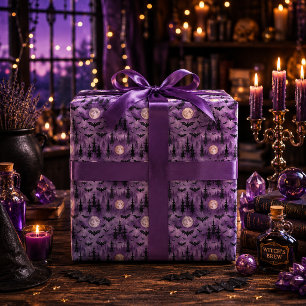 Griezelige Halloween-vleermuizen Volle Maan Paarse Cadeaupapier