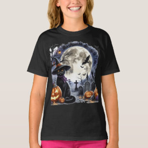 Griezelige Halloween Volle Maan en Zwarte Kat T-shirt