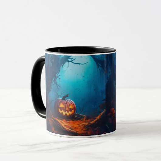 Griezelige Jack-o' lantaarn in een bos Halloween M Mok (Voorkant links)