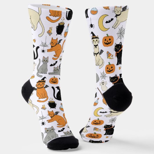 Griezelige Katten Halloween Patroon Sokken (Gebogen)