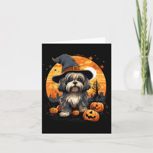 Griezelige Lhasa Apso-hond Heks Halloween Kaart (Voorkant)