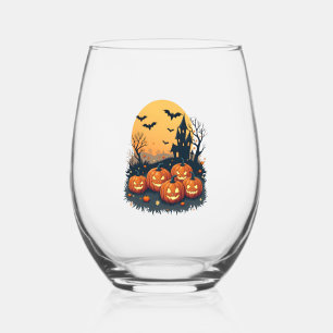 Griezelige Pompoenveld � Retro Halloween T-shirt Wijnglas Zonder Voet