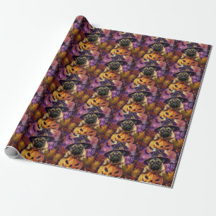 Griezelige Pug Hond Halloween Heks En Pompoen Cadeaupapier