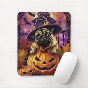 Griezelige Pug-hond Halloween Heks en Pompoen Muismat