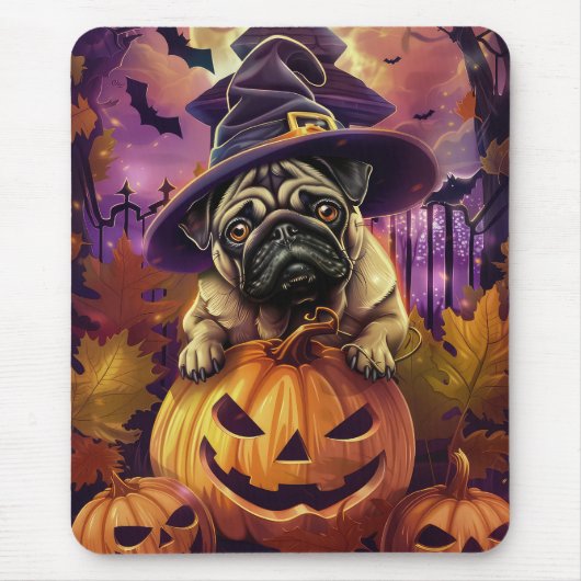 Griezelige Pug-hond Halloween Heks en Pompoen Muismat (Voorkant)