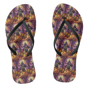 Griezelige Pug Hond Halloween Heks en Pompoen Teenslippers