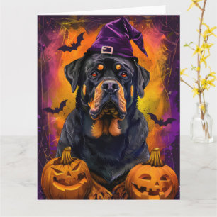 Griezelige Rottweiler Hond Halloween Heks en Pompo Kaart