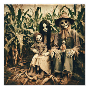 Griezelige Scarecrow familie op cornfield horror f Foto Afdruk