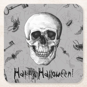 Griezelige schedel en spinnen vierkante kartonnen onderzetter
