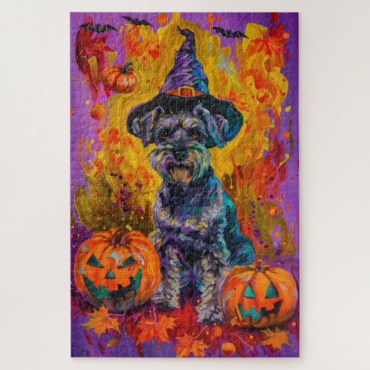 Griezelige Schnauzer-hond Halloween Heks en Pompoe Legpuzzel (Verticaal)