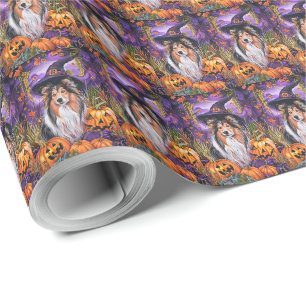 Griezelige Shetland Herdershond Halloween Heks Pom Cadeaupapier