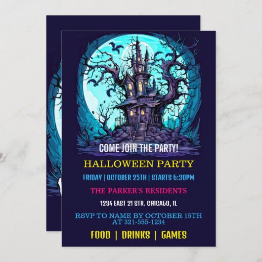 Griezelige Spoken Manor Halloween-feest Uitnodigin Kaart (Voorkant / Achterkant)