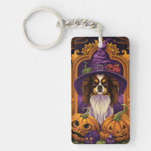 Griezelige Tibetaanse Spaniel Hond Halloween Heks Sleutelhanger