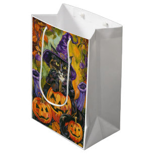 Griezelige Tuxedo Kat Halloween Heks en Pompoen Medium Cadeauzakje