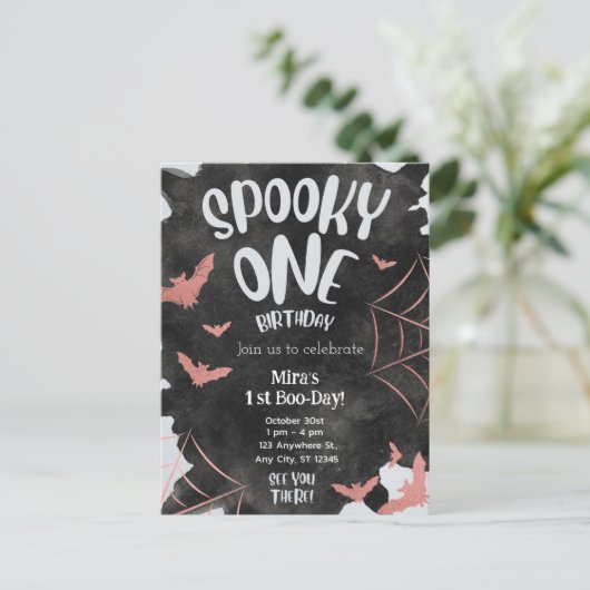 Griezelige Uitnodiging Halloween Verjaardag Roze V (Staand voorkant)