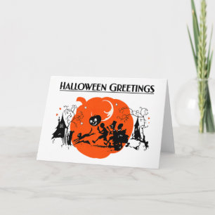 Griezelige Vintage Art Deco Zwarte Kat Halloween O Kaart